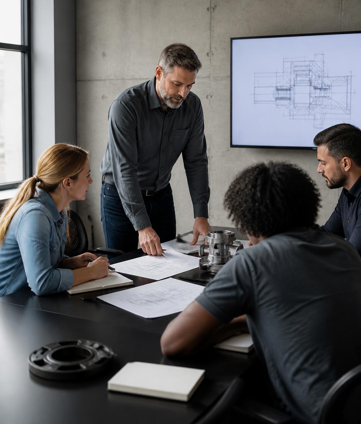 Consultor conduzindo treinamento presencial com equipe industrial